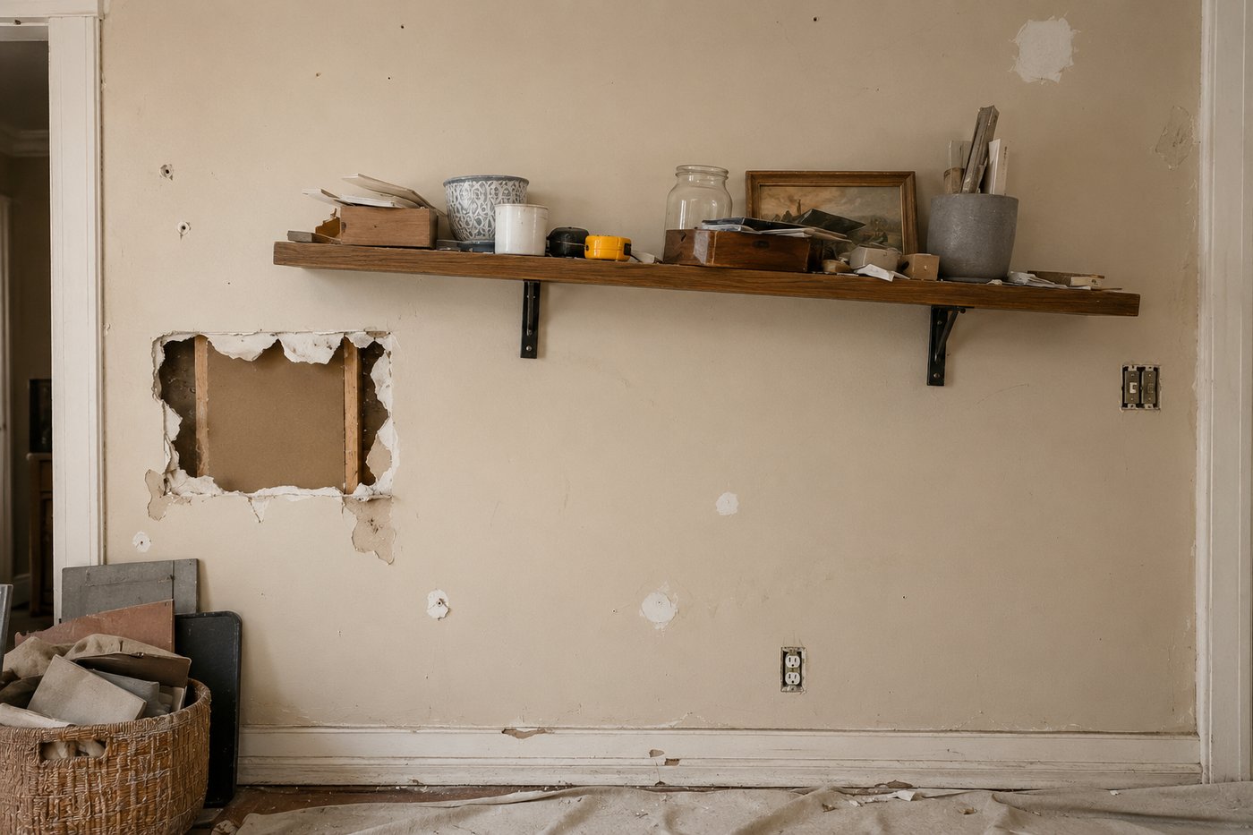 Drywall hole patched, textured, and repainted to blend in
