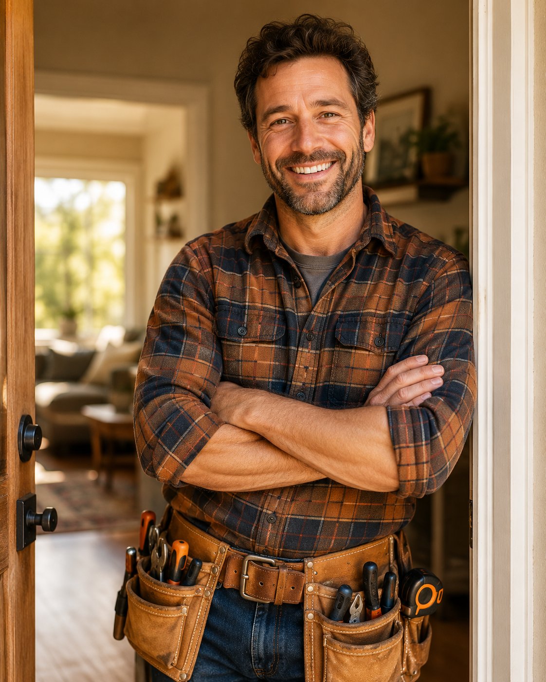 Hank, owner of Hank's Handyman, standing with arms crossed and a tool belt on inside a Temecula home