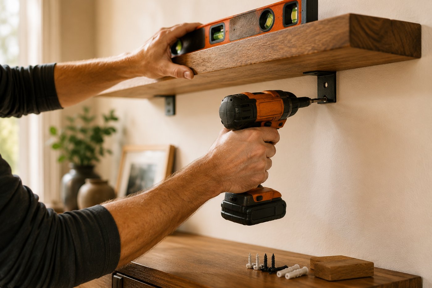Floating shelves mounted level on a Temecula living room wall