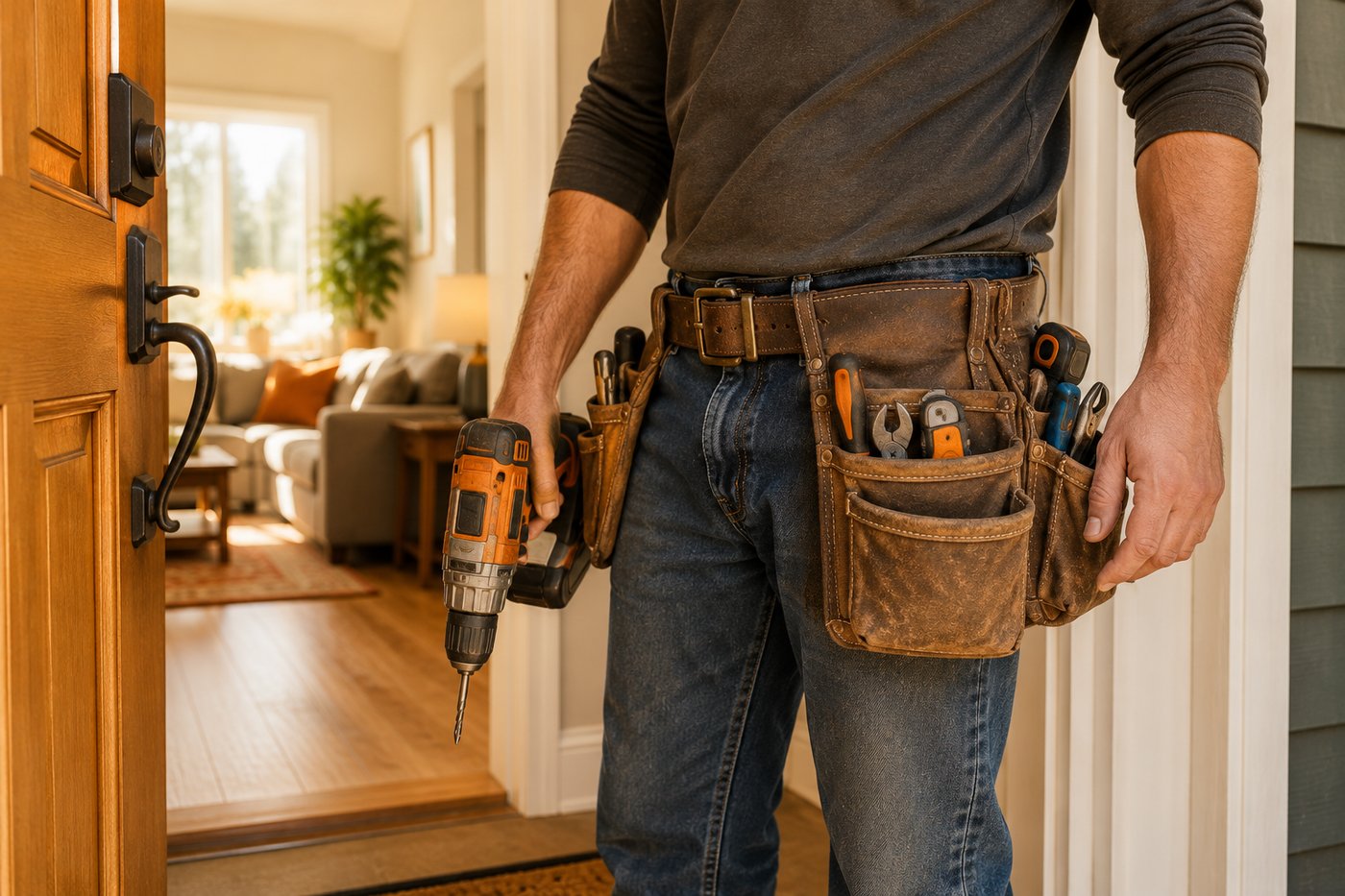 Worn leather tool belt loaded with everyday hand tools